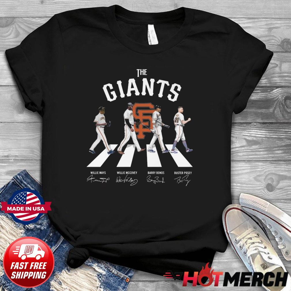 The Giants Willie Mays Willie Mccovey Barry Bonds Buster Posey abbey road  signatures shirt, hoodie, sweater, long sleeve and tank top