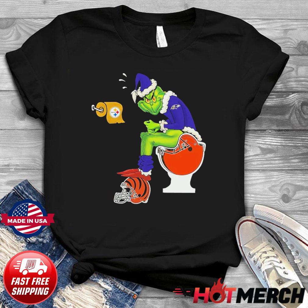 Pittsburgh Steelers grinch sitting on baltimore ravens toilet and step on  Cleveland browns helmet shirt, hoodie, sweater, long sleeve and tank top