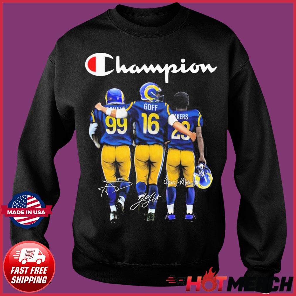 Champion Aaron Donald Jared Goff And Cam Akers Los Angeles Rams Signatures  Shirt, hoodie, sweater, long sleeve and tank top