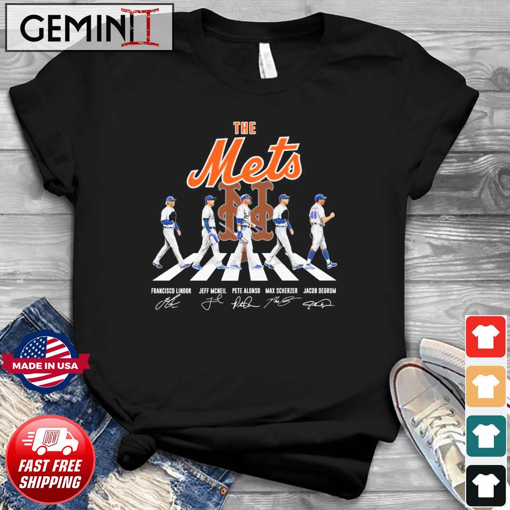 The Mets Francisco Lindor Jeff Mcneil Pete Alonso Max Scherzer Jacob Degrom  abbey road signatures shirt, hoodie, sweater, long sleeve and tank top