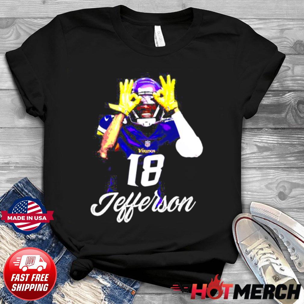 Justin Jefferson 18 In Action American football wide receiver for the  Minnesota Vikings T-Shirt, hoodie, sweater, long sleeve and tank top